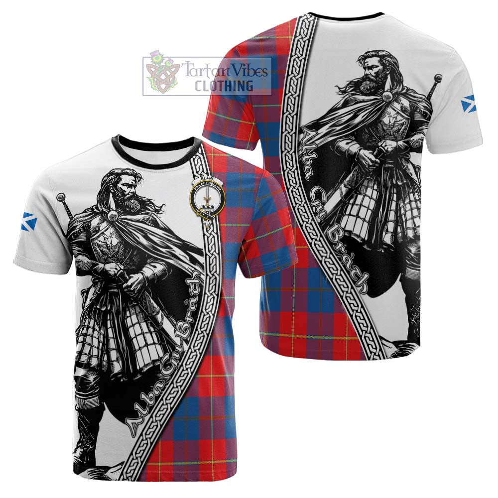 Blane Tartan Clan Crest Cotton T-shirt with Highlander Warrior Celtic Style