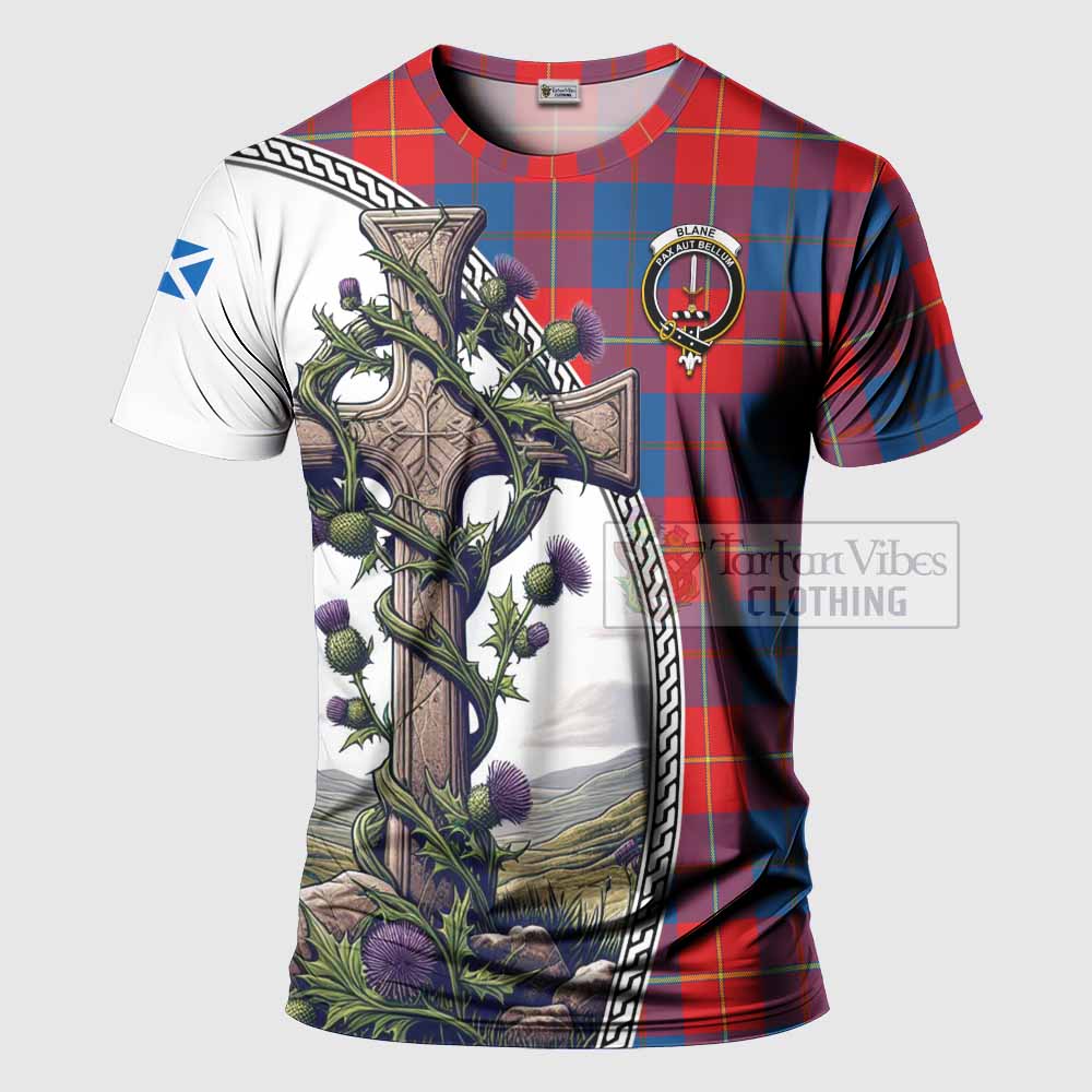 Tartan Vibes Clothing Blane Agnew Tartan T-Shirt with Family Crest and St. Andrew's Cross Accented by Thistle Vines