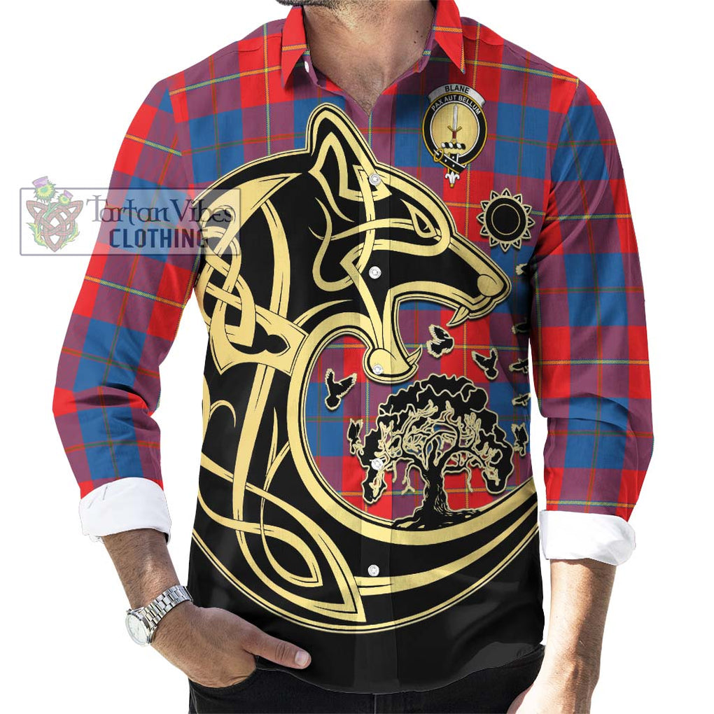 Blane Tartan Long Sleeve Button Shirt with Family Crest Celtic Wolf Style - Tartan Vibes Clothing