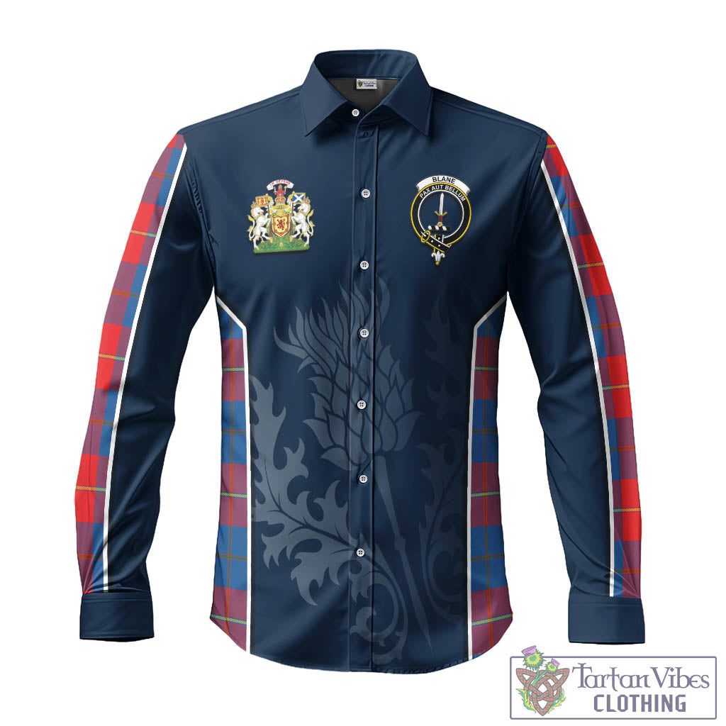 Tartan Vibes Clothing Blane Tartan Long Sleeve Button Up Shirt with Family Crest and Scottish Thistle Vibes Sport Style