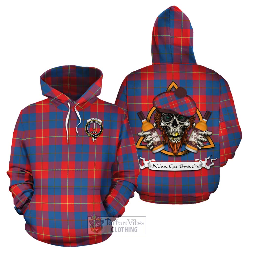 Tartan Vibes Clothing Blane Tartan Cotton Hoodie with Family Crest and Bearded Skull Holding Bottles of Whiskey