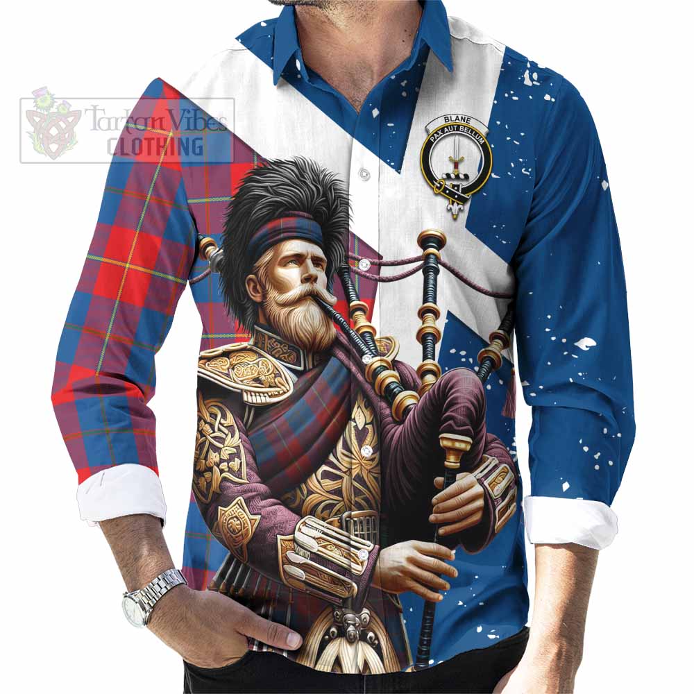 Tartan Vibes Clothing Blane Tartan Long Sleeve Button Shirt with Family Crest Scottish Bagpiper Vibes