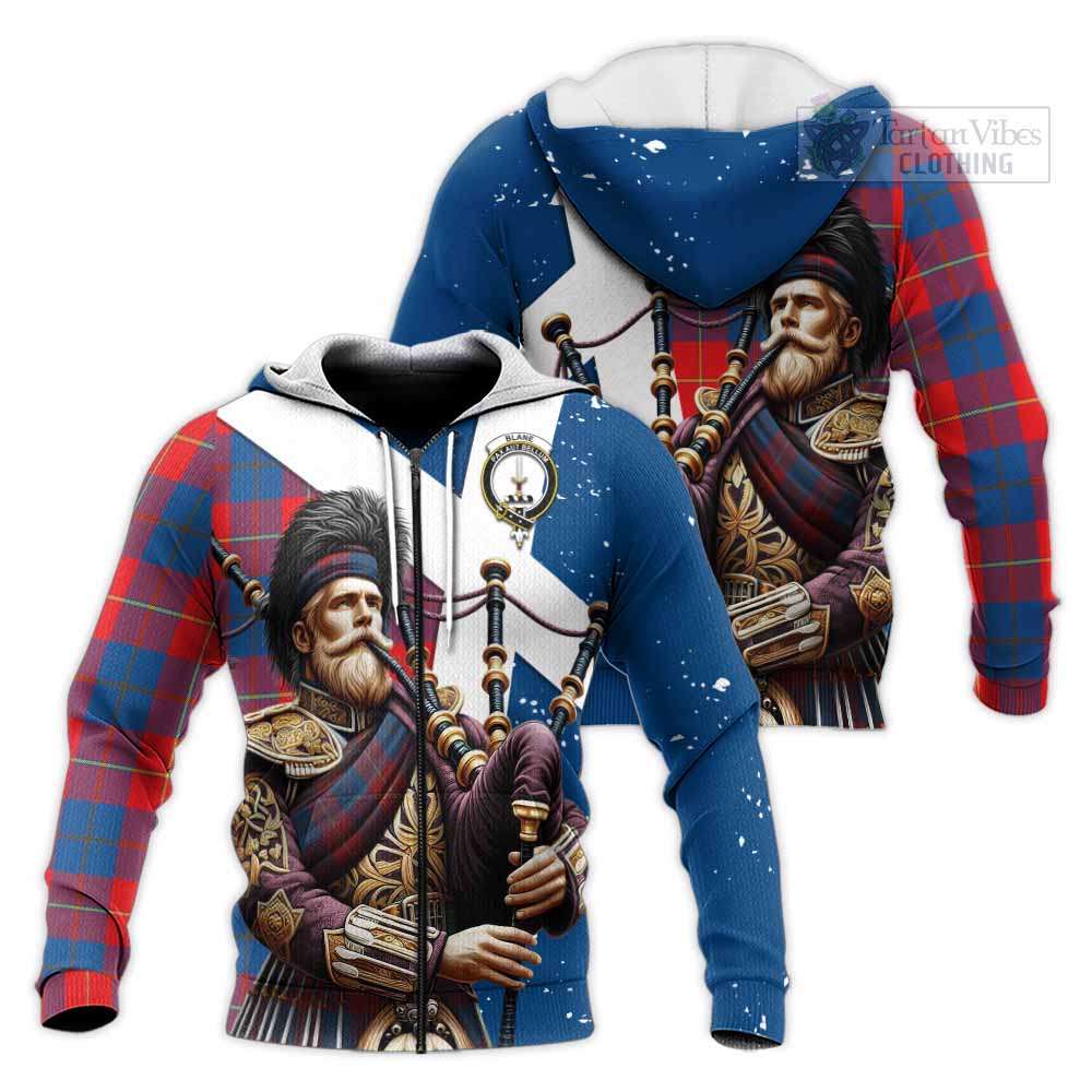 Tartan Vibes Clothing Blane Tartan Knitted Hoodie with Family Crest Scottish Bagpiper Vibes