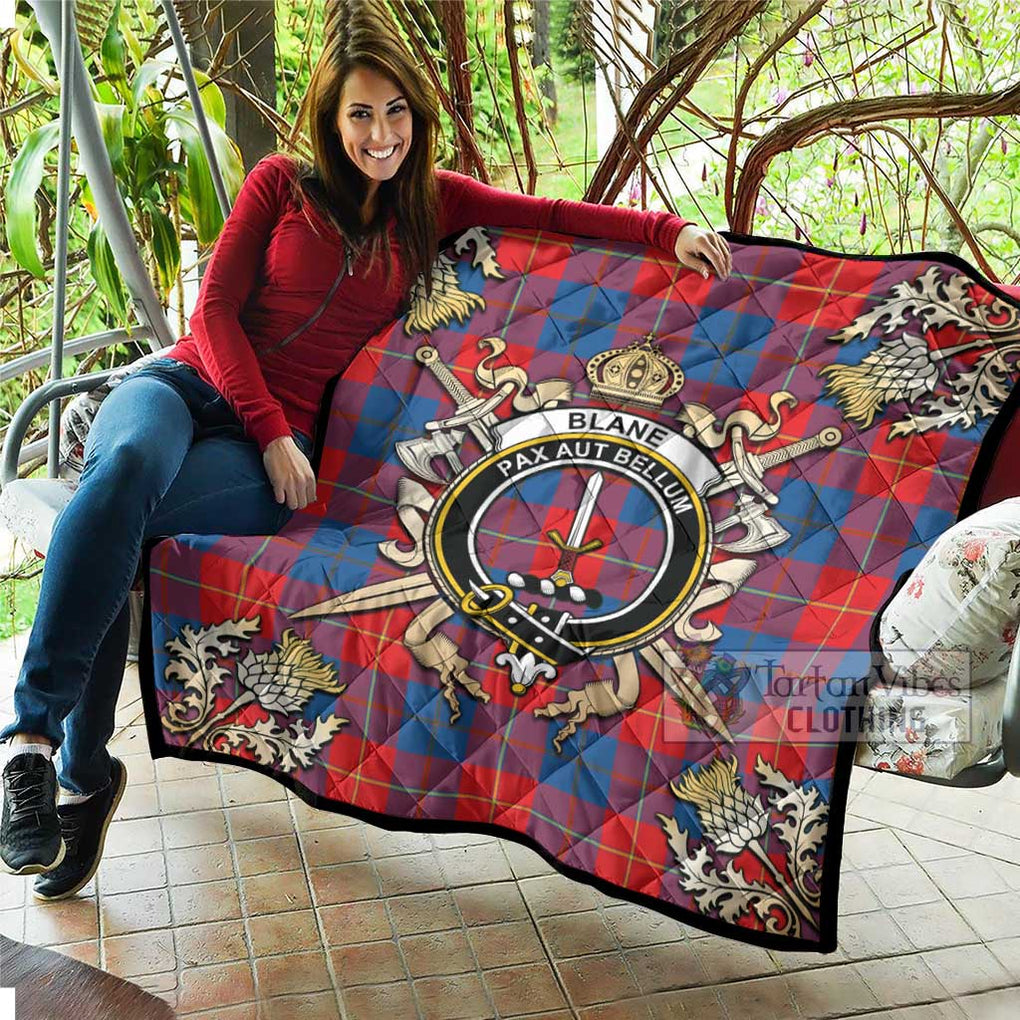 Tartan Vibes Clothing Blane Tartan Quilt with Family Crest and Scottish Golden Courage Shield