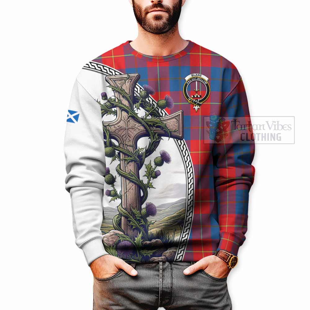 Tartan Vibes Clothing Blane Tartan Sweatshirt with Family Crest and St. Andrew's Cross Accented by Thistle Vines