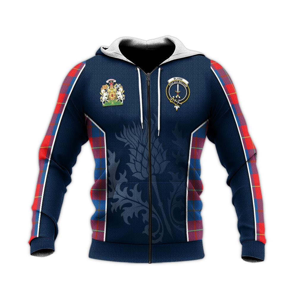 Tartan Vibes Clothing Blane Tartan Knitted Hoodie with Family Crest and Scottish Thistle Vibes Sport Style