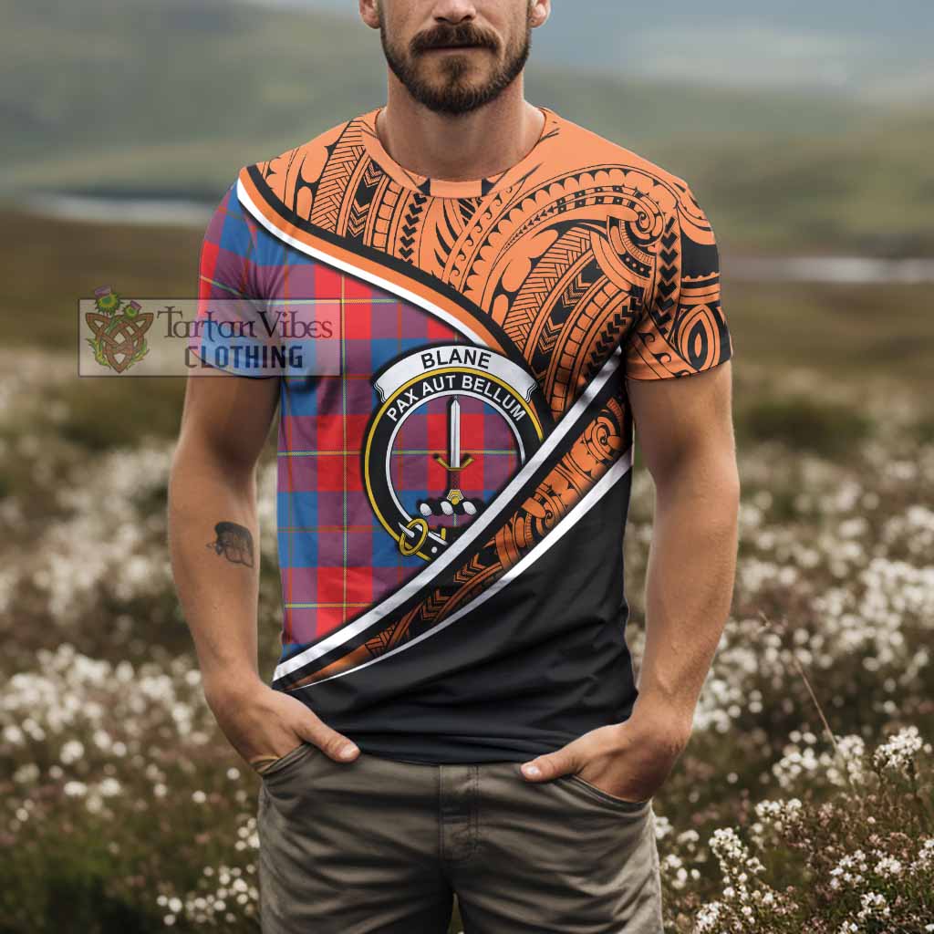 Tartan Vibes Clothing Blane Crest Tartan T-Shirt with Maori Tattoo Style - Orange Version