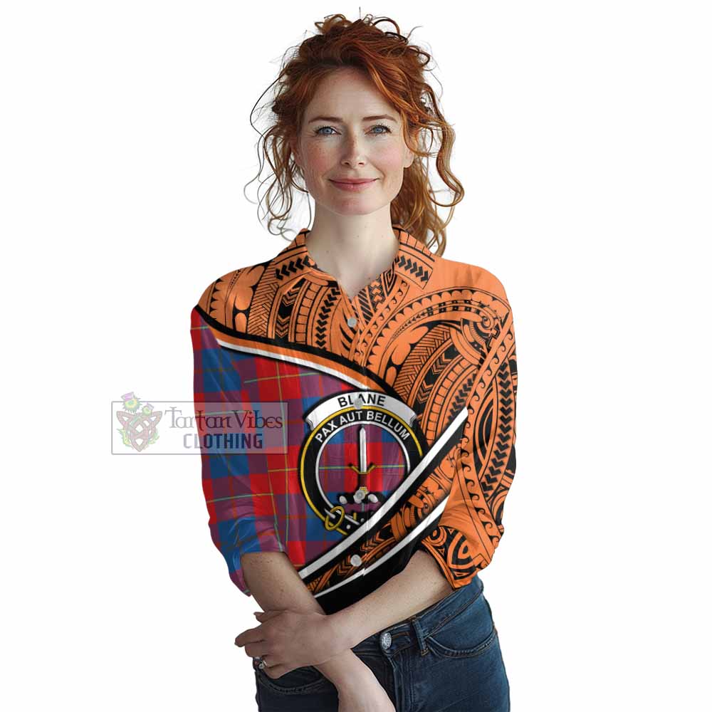 Tartan Vibes Clothing Blane Crest Tartan Women's Casual Shirt with Maori Tattoo Style - Orange Version