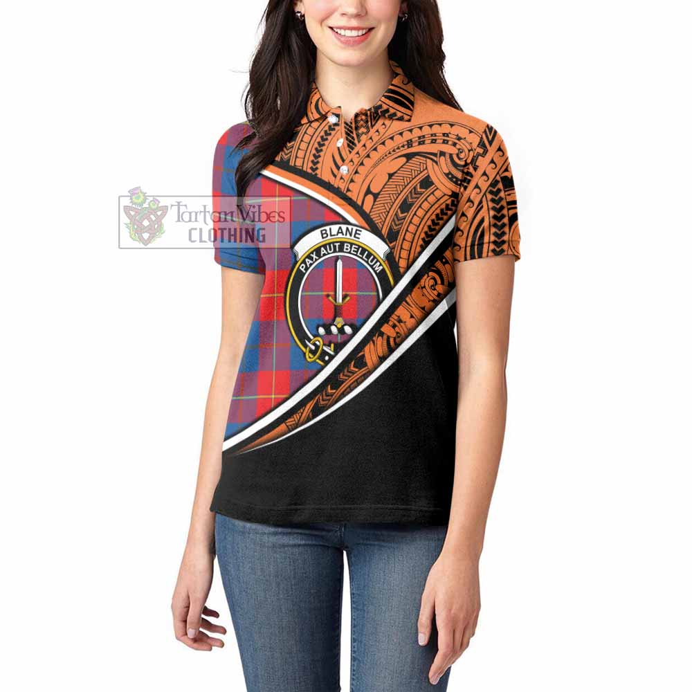 Tartan Vibes Clothing Blane Crest Tartan Women's Polo Shirt with Maori Tattoo Style - Orange Version