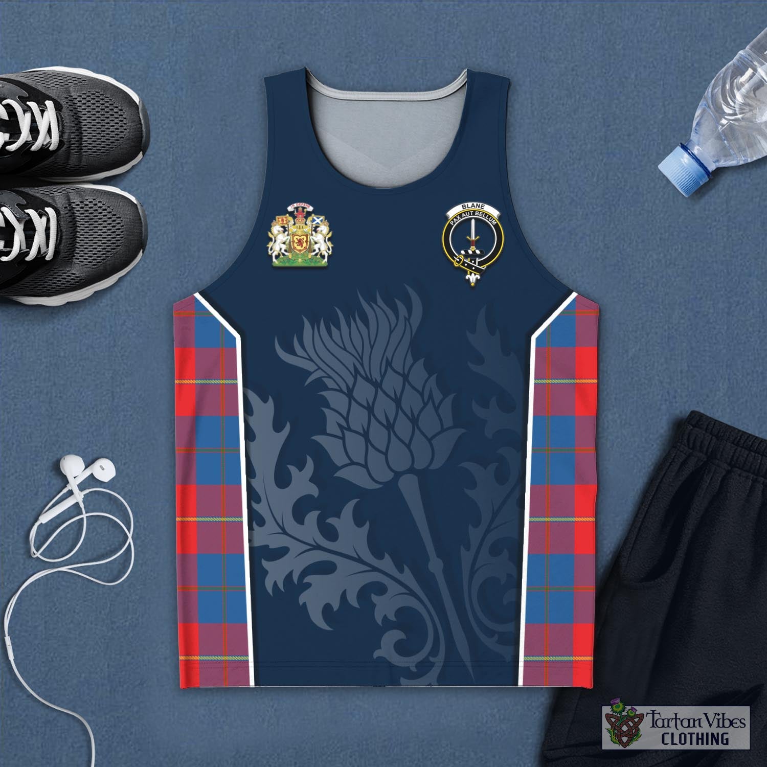 Tartan Vibes Clothing Blane Tartan Men's Tanks Top with Family Crest and Scottish Thistle Vibes Sport Style