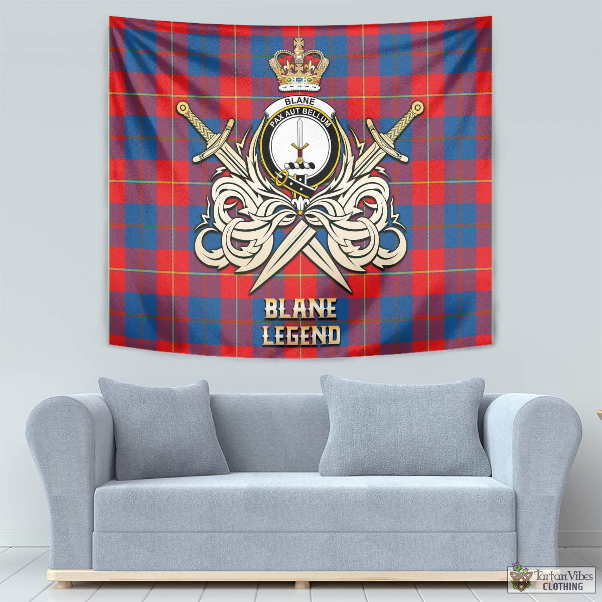 Tartan Vibes Clothing Blane Tartan Tapestry with Clan Crest and the Golden Sword of Courageous Legacy