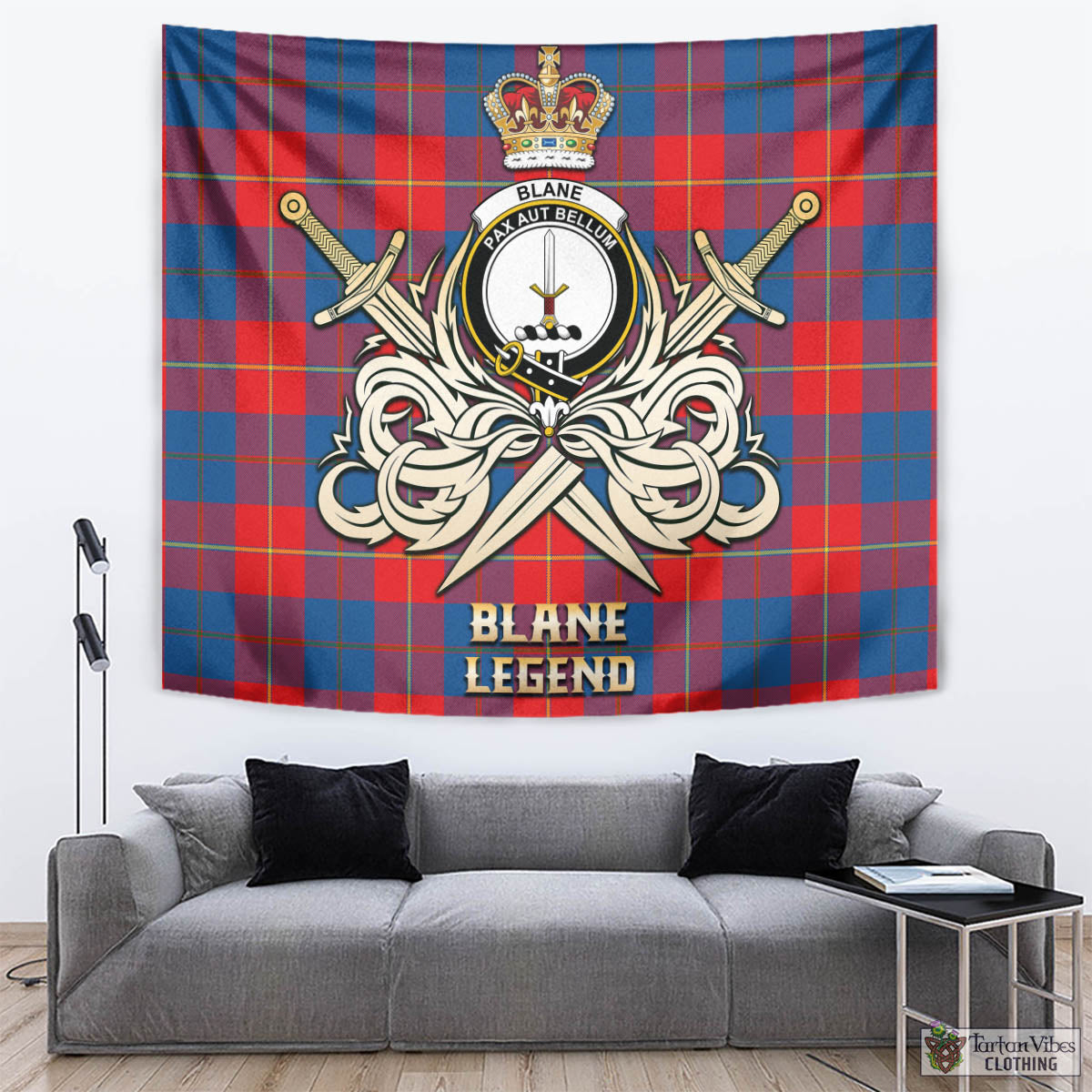 Tartan Vibes Clothing Blane Tartan Tapestry with Clan Crest and the Golden Sword of Courageous Legacy