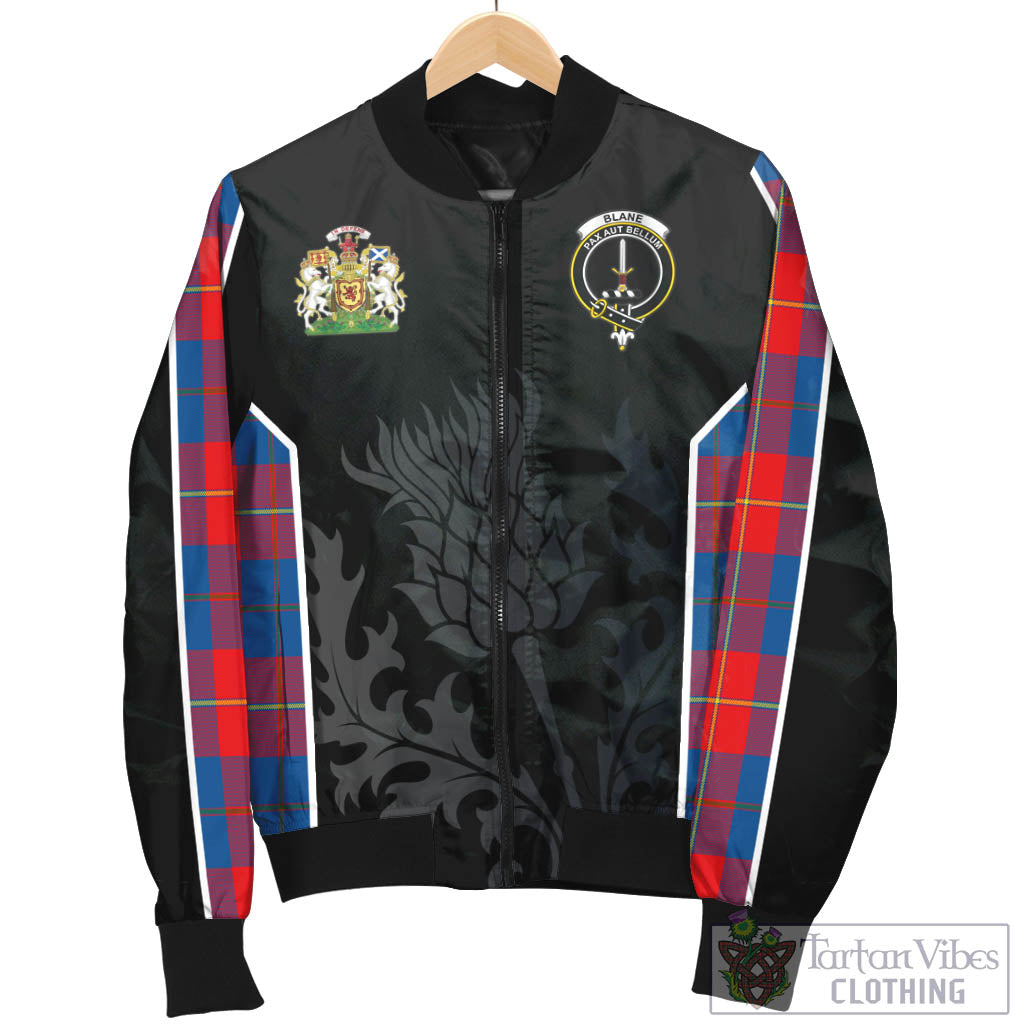 Tartan Vibes Clothing Blane Tartan Bomber Jacket with Family Crest and Scottish Thistle Vibes Sport Style