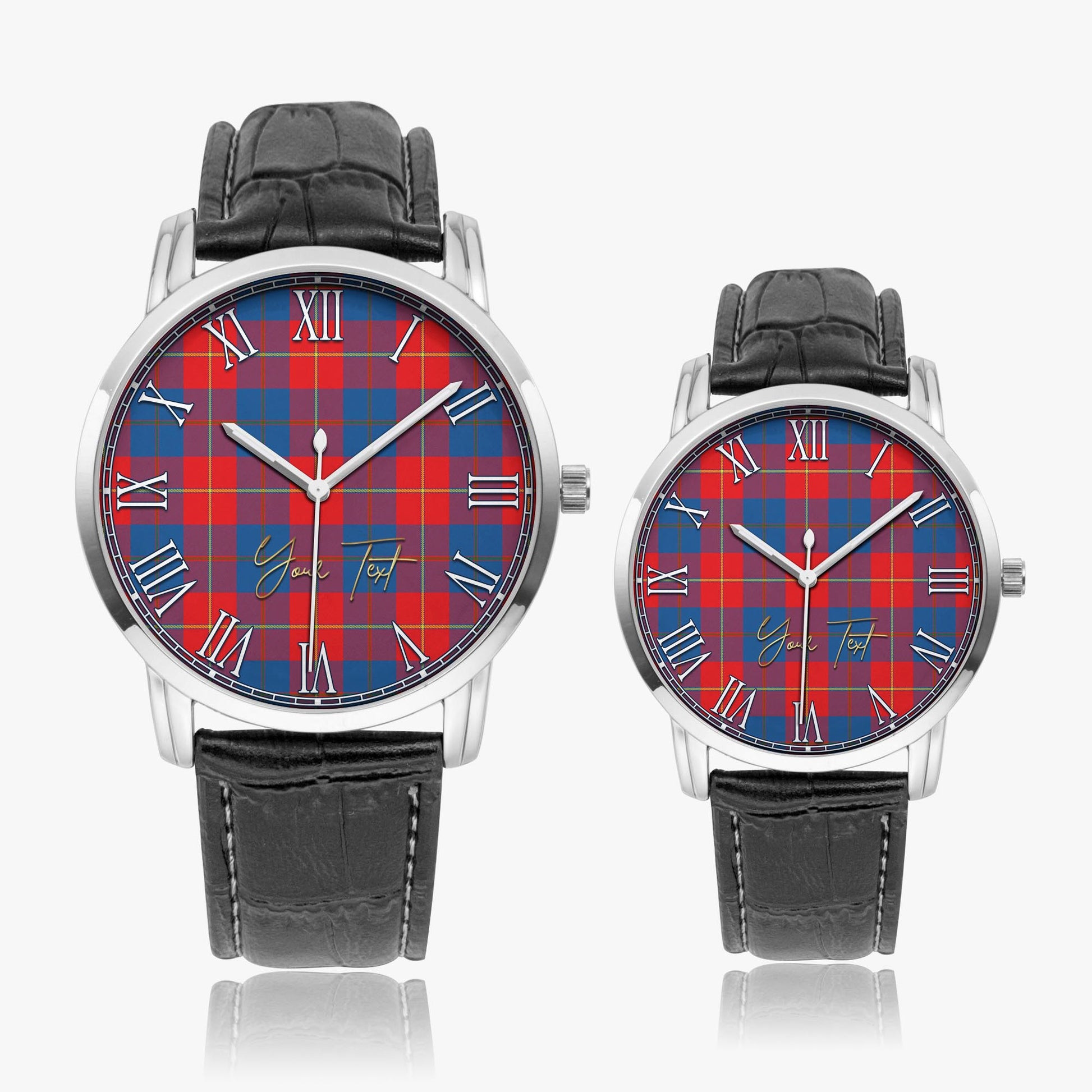 Blane Tartan Personalized Your Text Leather Trap Quartz Watch Wide Type Silver Case With Black Leather Strap - Tartanvibesclothing