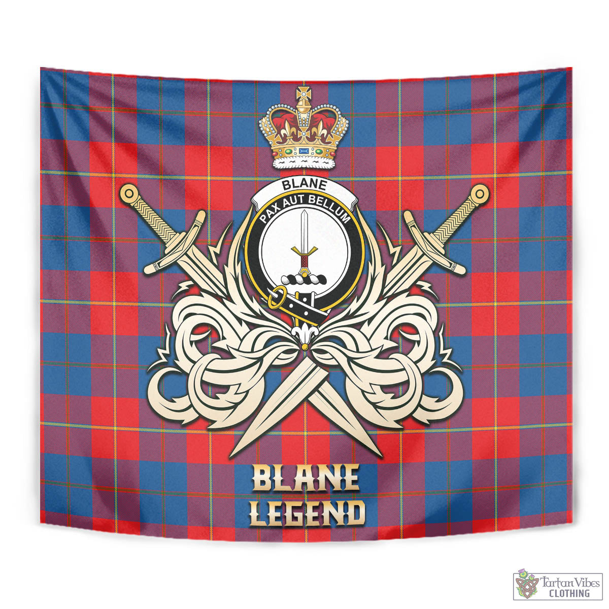 Tartan Vibes Clothing Blane Tartan Tapestry with Clan Crest and the Golden Sword of Courageous Legacy