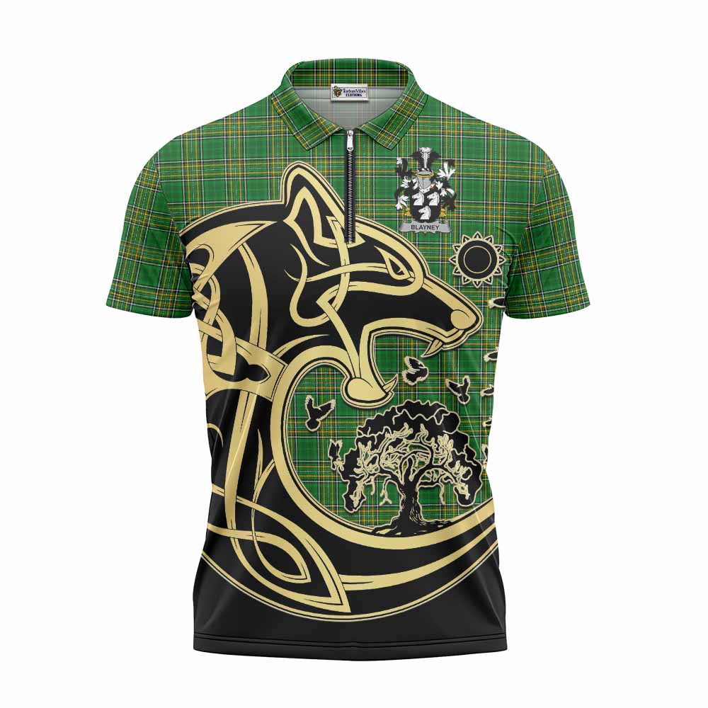 Blayney Irish Tartan Zipper Polo Shirt with Coat of Arms Celtic Wolf Style Unisex - Tartan Vibes Clothing