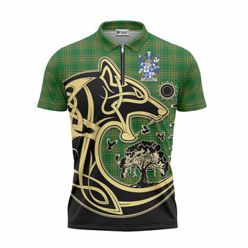 Blood Irish Tartan Zipper Polo Shirt with Coat of Arms Celtic Wolf Style