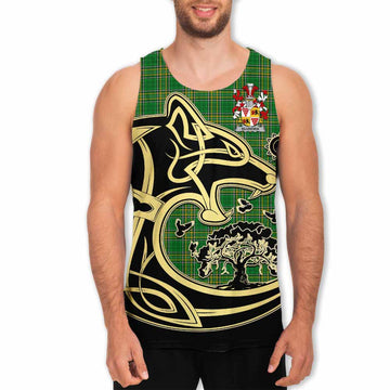 Blunden Irish Tartan Men's Tank Top with Coat of Arms Celtic Wolf Style