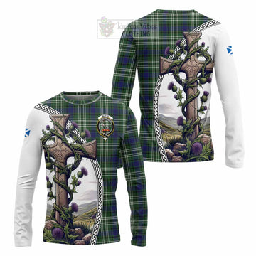 Blyth Tartan Long Sleeve T-Shirt with Family Crest and St. Andrew's Cross Accented by Thistle Vines Unisex - Tartan Vibes Clothing