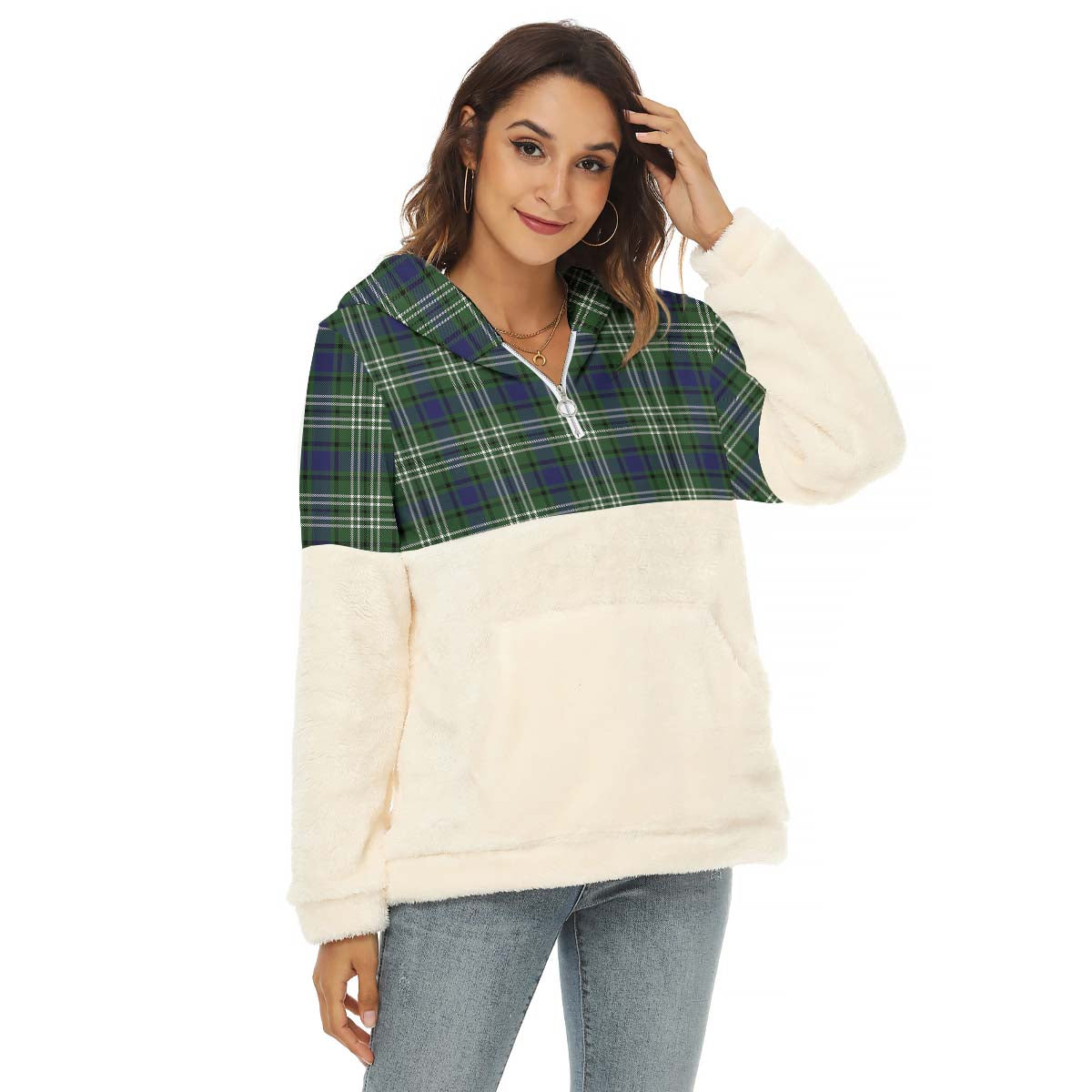 Blyth Tartan Women's Borg Fleece Hoodie With Half Zip Female - Tartanvibesclothing