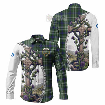 Blyth Tartan Long Sleeve Button Shirt with Family Crest and St. Andrew's Cross Accented by Thistle Vines Men's Shirt S - Tartan Vibes Clothing