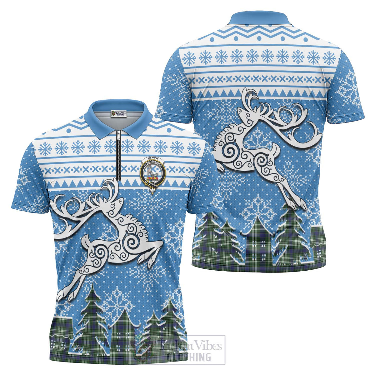 Blyth Clan Christmas Zipper Polo Shirt Celtic Reindeer Style Unisex - Tartan Vibes Clothing