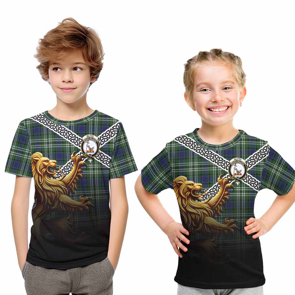 Blyth Crest Tartan Kid T-Shirt with Golden Lion Emblem Celtic Style Youth XL Size14 - Tartan Vibes Clothing