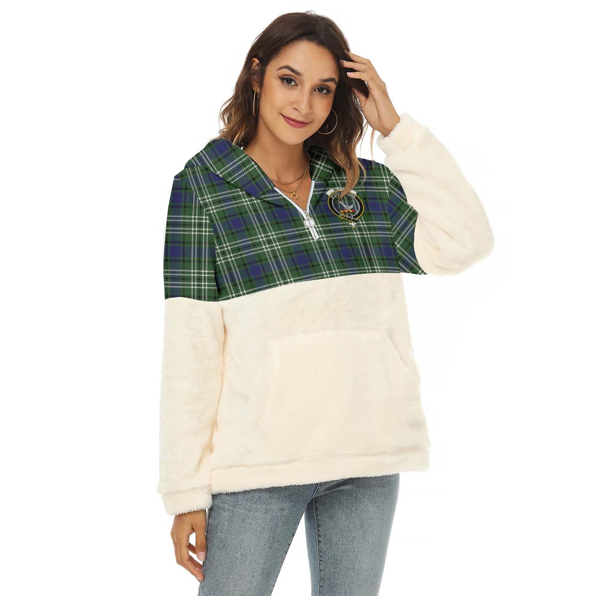 Blyth Tartan Women's Borg Fleece Hoodie With Half Zip with Family Crest Female - Tartanvibesclothing