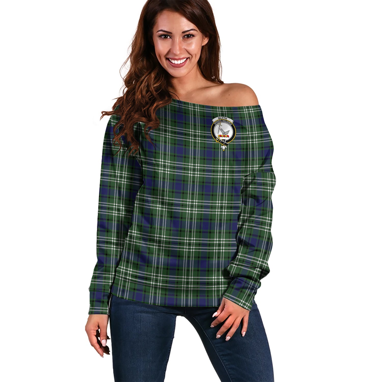 Blyth Tartan Off Shoulder Women Sweater with Family Crest Women - Tartanvibesclothing