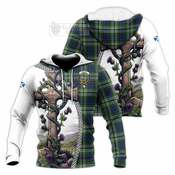 Blyth Tartan Knitted Hoodie with Family Crest and St. Andrew's Cross Accented by Thistle Vines Unisex Knitted Pullover Hoodie - Tartan Vibes Clothing