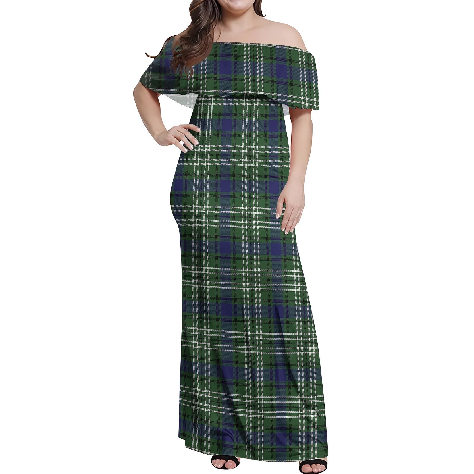 Blyth Tartan Off Shoulder Long Dress Women's Dress - Tartanvibesclothing