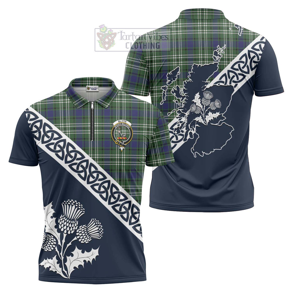 Blyth Tartan Zipper Polo Shirt Featuring Thistle and Scotland Map Unisex - Tartanvibesclothing Store