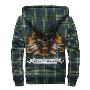 Blyth Tartan Sherpa Hoodie with Family Crest and Bearded Skull Holding Bottles of Whiskey - Tartan Vibes Clothing