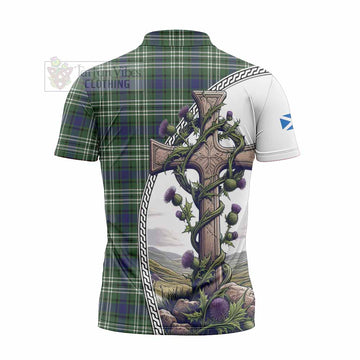 Blyth Tartan Zipper Polo Shirt with Family Crest and St. Andrew's Cross Accented by Thistle Vines - Tartan Vibes Clothing