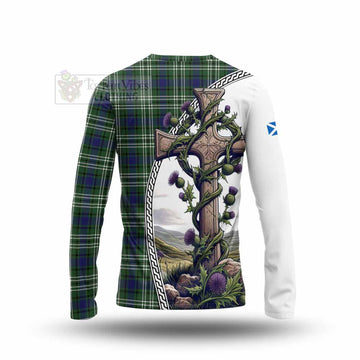 Blyth Tartan Long Sleeve T-Shirt with Family Crest and St. Andrew's Cross Accented by Thistle Vines - Tartan Vibes Clothing