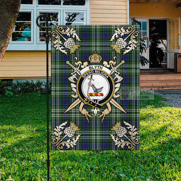 Blyth Tartan Garden Flag with Family Crest and Golden Thistle Crossed Sword Design Garden Flag - Tartan Vibes Clothing