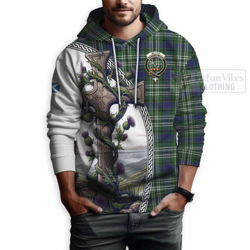 Blyth Tartan Hoodie with Family Crest and St. Andrew's Cross Accented by Thistle Vines - Tartan Vibes Clothing