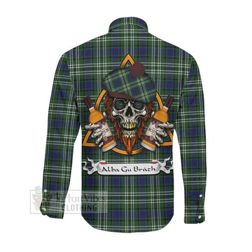 Blyth Tartan Long Sleeve Button Shirt with Family Crest and Bearded Skull Holding Bottles of Whiskey Men's Shirt - Tartan Vibes Clothing