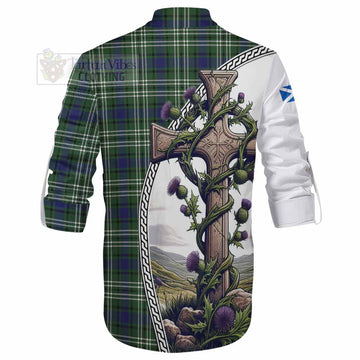 Blyth Tartan Ghillie Kilt Shirt with Family Crest and St. Andrew's Cross Accented by Thistle Vines - Tartan Vibes Clothing