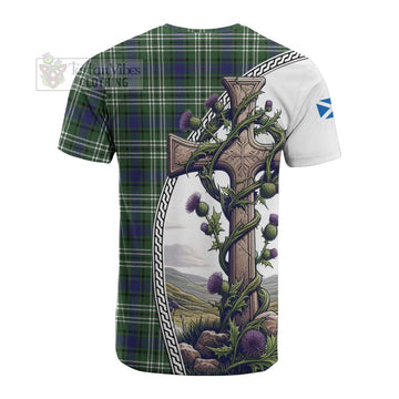 Blyth Tartan Cotton T-shirt with Family Crest and St. Andrew's Cross Accented by Thistle Vines - Tartan Vibes Clothing
