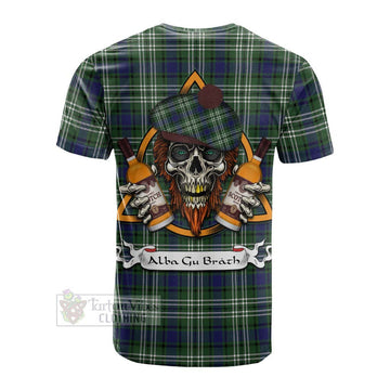 Blyth Tartan Cotton T-shirt with Family Crest and Bearded Skull Holding Bottles of Whiskey - Tartan Vibes Clothing