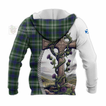 Blyth Tartan Knitted Hoodie with Family Crest and St. Andrew's Cross Accented by Thistle Vines - Tartan Vibes Clothing
