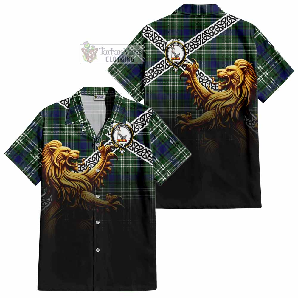 Blyth Crest Tartan Hawaiian Shirt with Golden Lion Emblem Celtic Style - Tartan Vibes Clothing