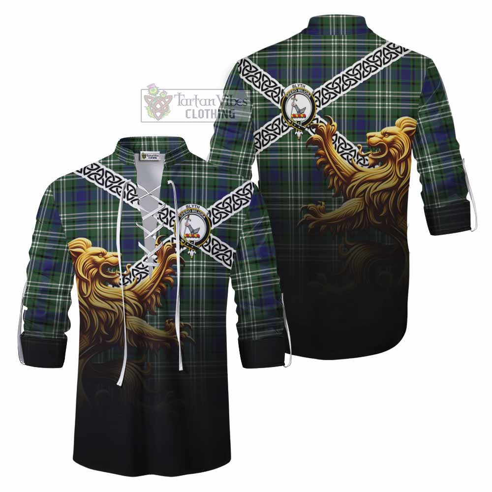 Blyth Crest Tartan Ghillie Kilt Shirt with Golden Lion Emblem Celtic Style - Tartan Vibes Clothing