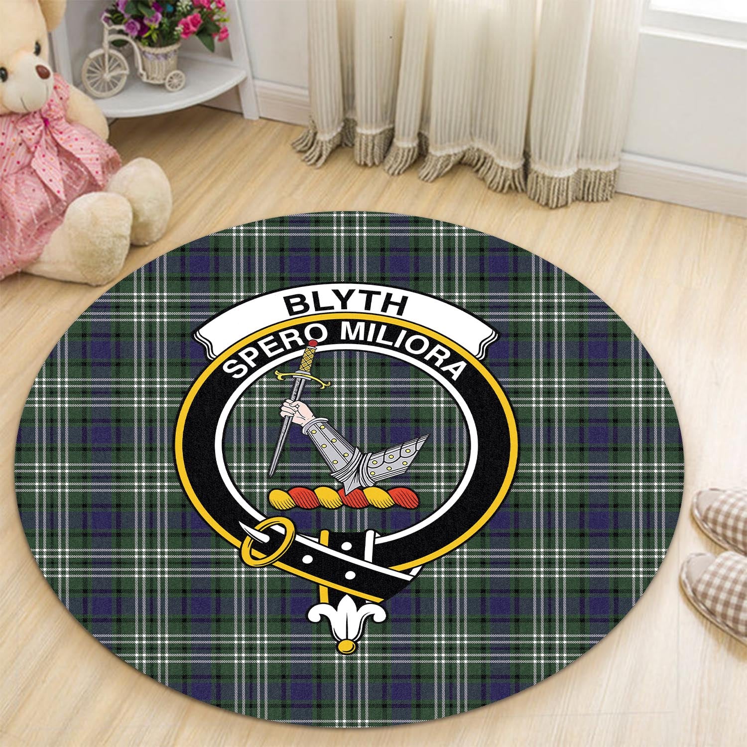 Blyth Tartan Round Rug with Family Crest - Tartanvibesclothing