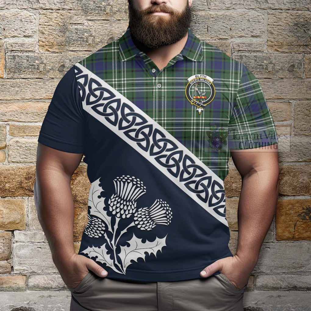 Blyth Tartan Polo Shirt Featuring Thistle and Scotland Map - Tartanvibesclothing Store