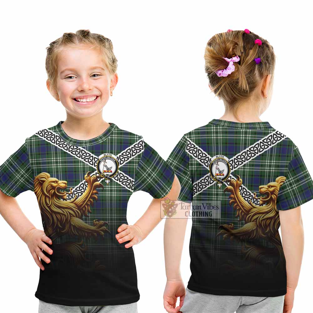 Blyth Crest Tartan Kid T-Shirt with Golden Lion Emblem Celtic Style - Tartan Vibes Clothing