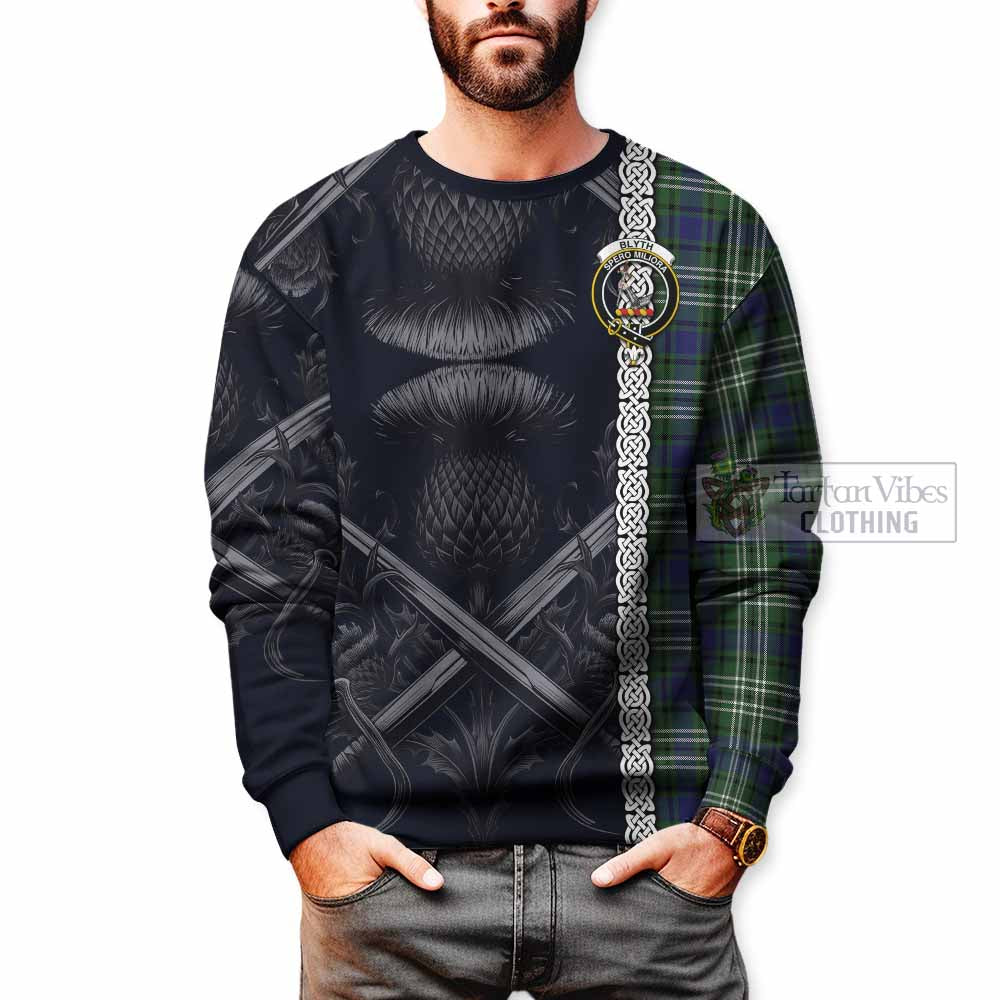 Blyth Tartan Sweatshirt with Family Crest Cross Sword Thistle Celtic Vibes - Tartan Vibes Clothing