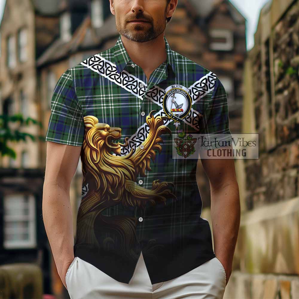 Blyth Crest Tartan Hawaiian Shirt with Golden Lion Emblem Celtic Style - Tartan Vibes Clothing
