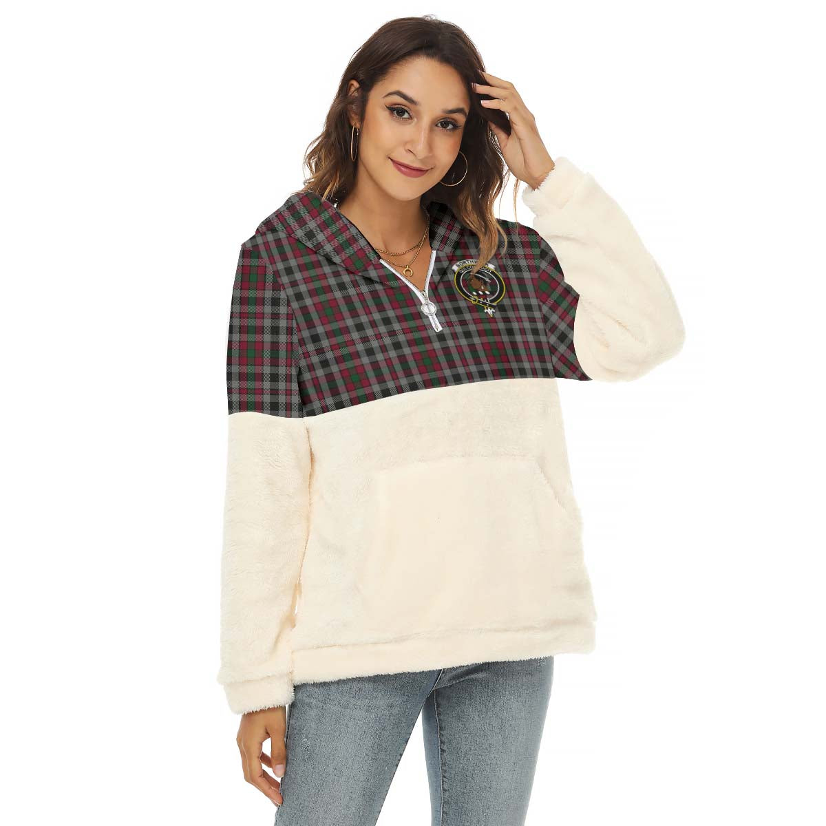 Borthwick Tartan Women's Borg Fleece Hoodie With Half Zip with Family Crest Female - Tartanvibesclothing